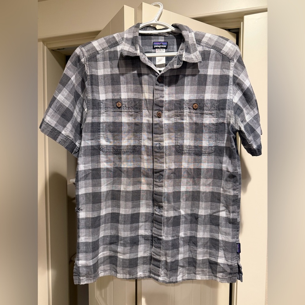 Patagonia Black and Gray Plaid Linen Button Down Shirt